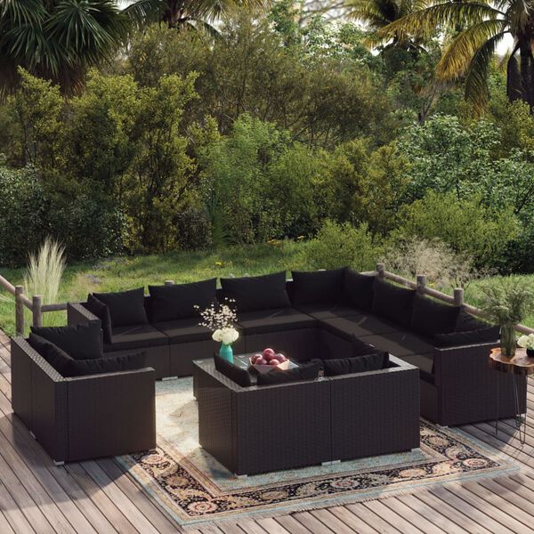 vidaXL Set Divani da Giardino 12 pz con Cuscini in Polyrattan Nero