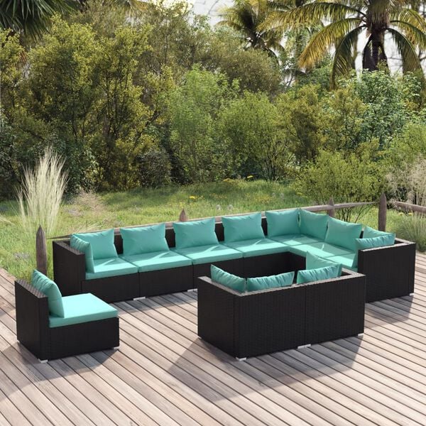 vidaXL Set Divani da Giardino 10 pz con Cuscini in Polyrattan Nero