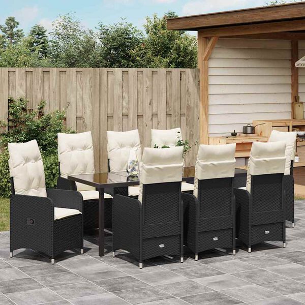 vidaXL Set da Pranzo per Giardino con cuscino 9 pcs Nero polyrattan