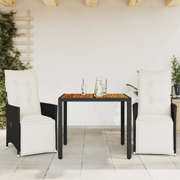 vidaXL Set da Bistr&ograve; 3 pz con Cuscini Nero in Polyrattan