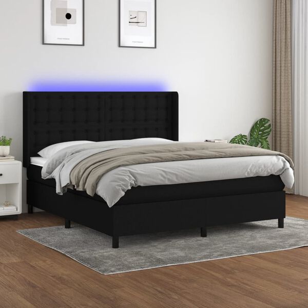 vidaXL Letto a Molle con Materasso e LED Nero 160x200 cm in Tessuto