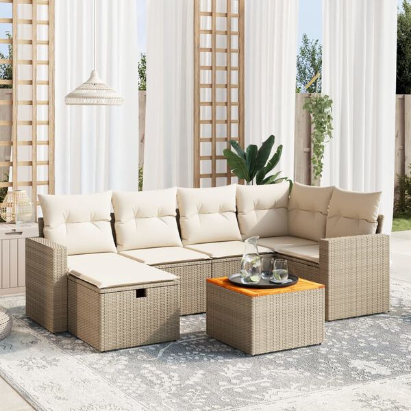 vidaXL Set Divani da Giardino 7 pz con Cuscini Beige in Polyrattan