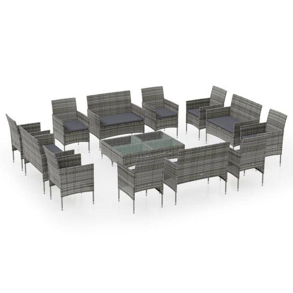 vidaXL Set Divani da Giardino 16 pz con Cuscini in Polyrattan Grigio
