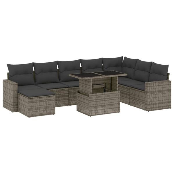 vidaXL Set Divano da Giardino 9 pz con Cuscini Grigio in Polyrattan