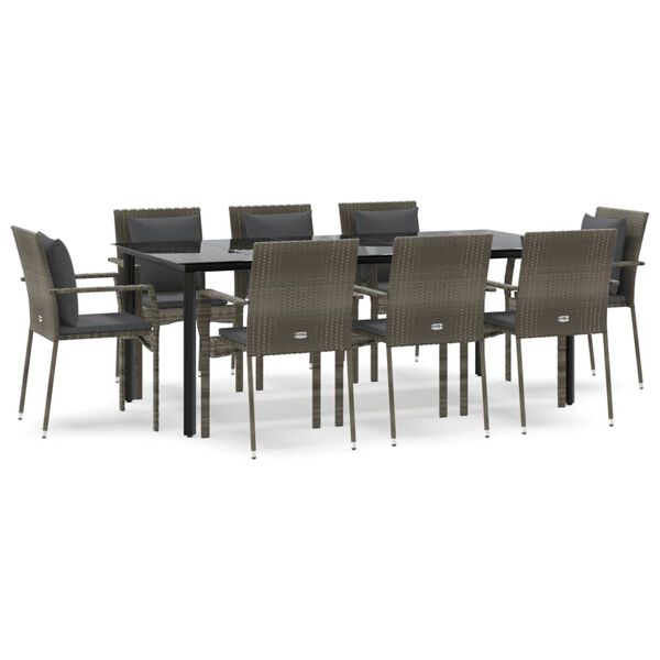 vidaXL Set da Pranzo Giardino 9pz con Cuscini Nero e Grigio Polyrattan