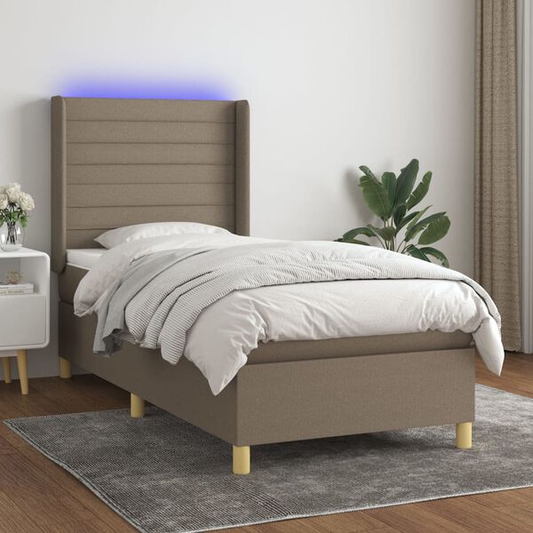 vidaXL Letto a Molle con Materasso e LED Tortora 90x200 cm in Tessuto