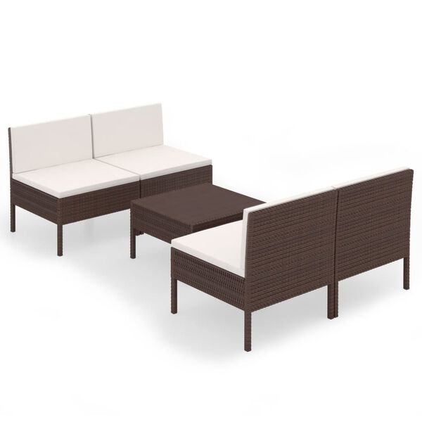 vidaXL Set Divani da Giardino 5 pz con Cuscini in Polyrattan Marrone