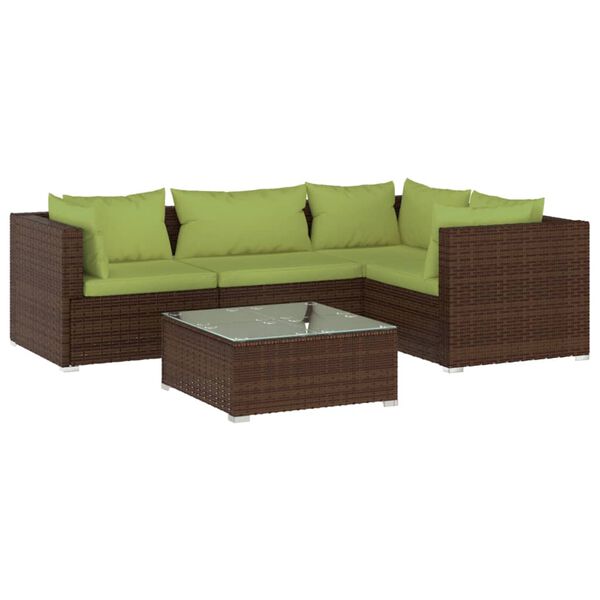 vidaXL Set Divani da Giardino 5 pz con Cuscini in Polyrattan Marrone