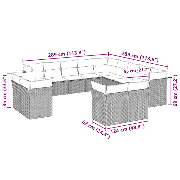 vidaXL Set Divani Giardino 13 pz con Cuscini Grigio Chiaro Polyrattan