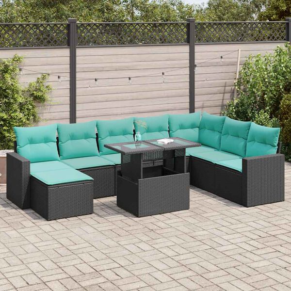 vidaXL Set Divani da Giardino 9 pz con Cuscini Nero Polyrattan Acacia