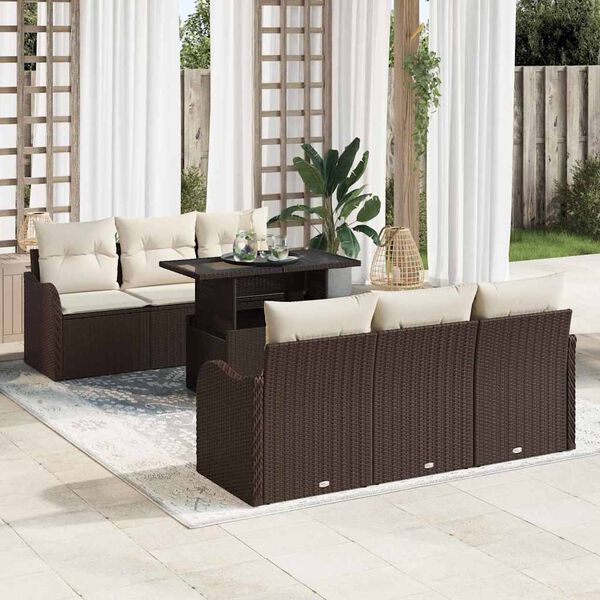 vidaXL Set Divano da Giardino con cuscino 7 pcs Marrone Poly Rattan
