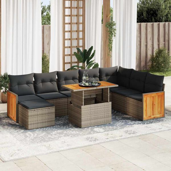 vidaXL Set Divano da Giardino 9pz con Cuscini Grigio Polyrattan Acacia