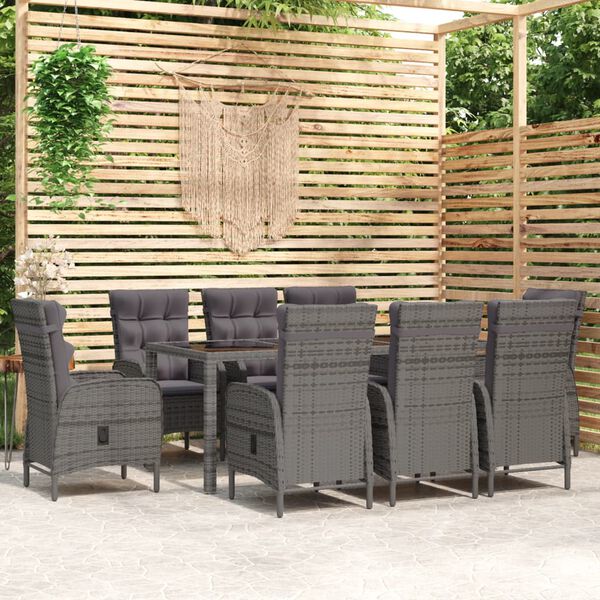 vidaXL Set Mobili da Pranzo per Giardino 9 pz in Polyrattan Grigio