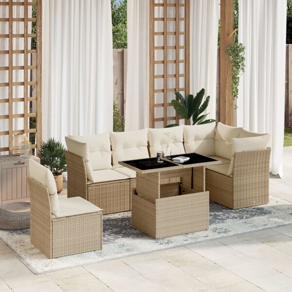 vidaXL Set Divani da Giardino 7 pz con Cuscini Beige in Polyrattan