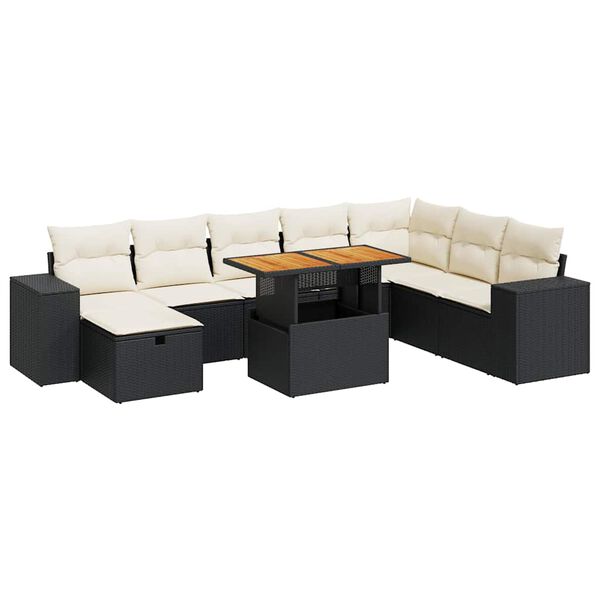 vidaXL Set Divani da Giardino 9 pz con Cuscini Nero Polyrattan Acacia