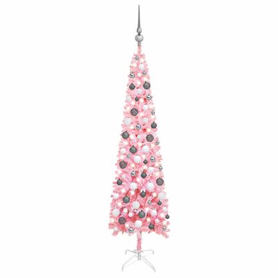 vidaXL Albero di Natale Sottile Preiluminato con Palline Rosa 150 cm
