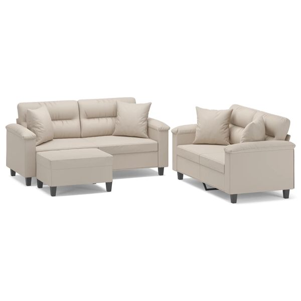 vidaXL Set Divani 3 pz con Cuscini Crema in Tessuto Microfibra