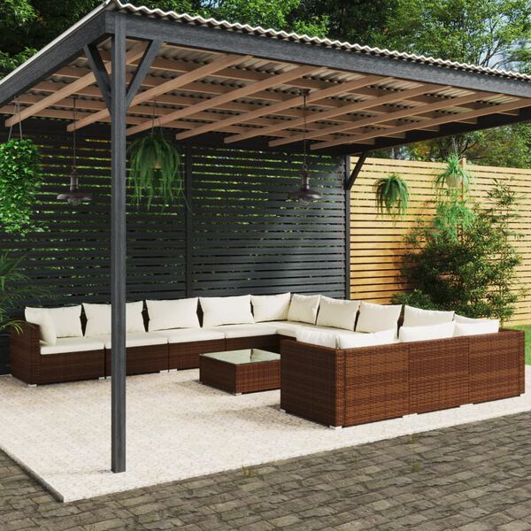 vidaXL Set Divani da Giardino 12 pz con Cuscini in Polyrattan Marrone