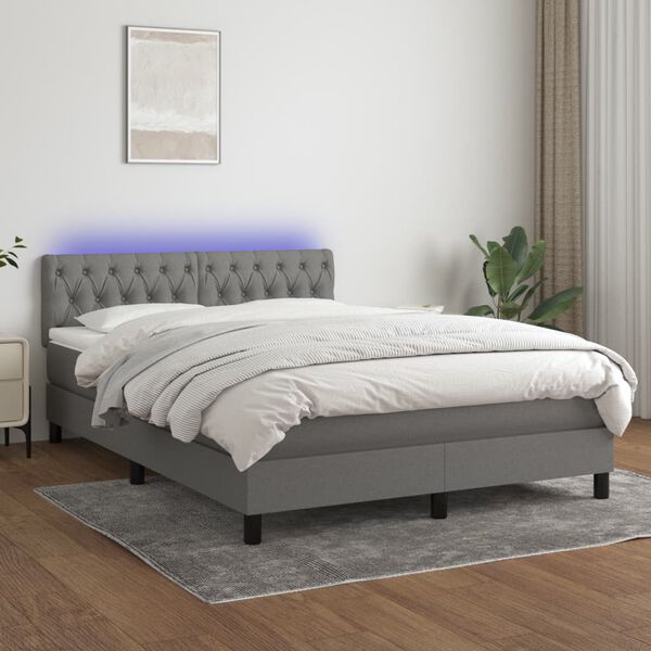 vidaXL Letto a Molle Materasso e LED Grigio Scuro 140x190cm in Tessuto
