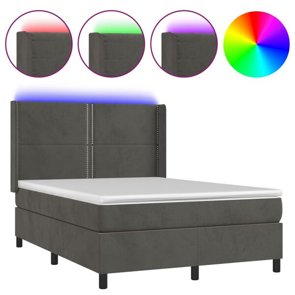 vidaXL Letto a Molle con Materasso e LED Grigio Scuro 140x200 cm