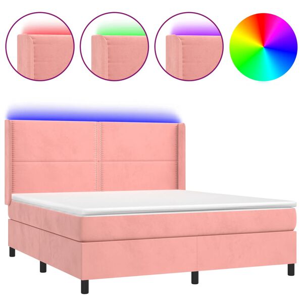 vidaXL Letto a Molle con Materasso e LED Rosa 180x200 cm in Velluto