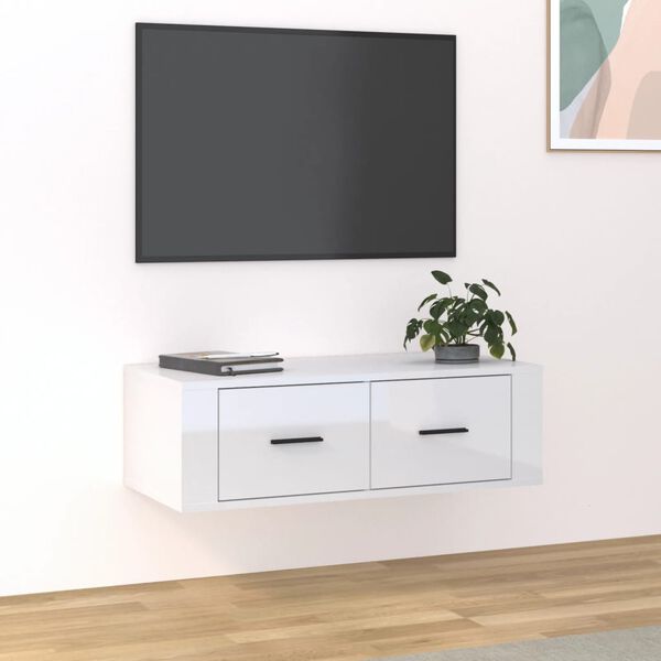 vidaXL Mobile TV Pensile Bianco Lucido 80x36x25cm in Legno Multistrato