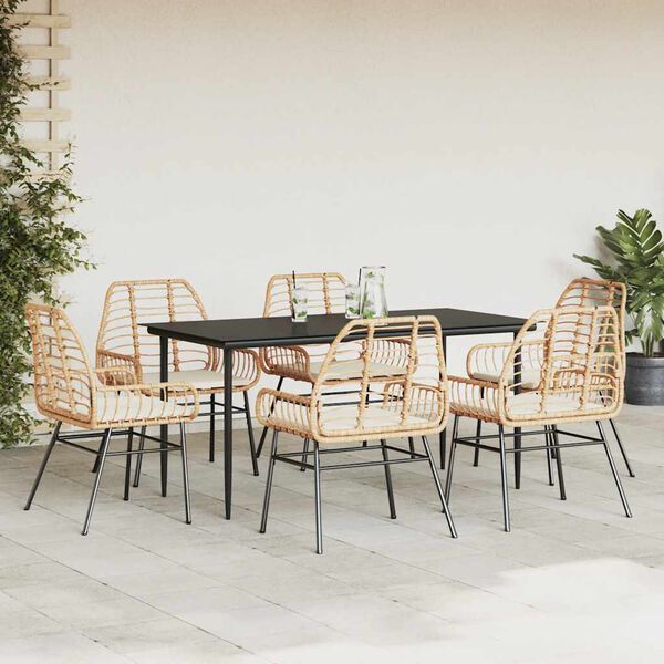 vidaXL Set Pranzo da Giardino 7pz con Cuscini Marrone Polyrattan Vetro