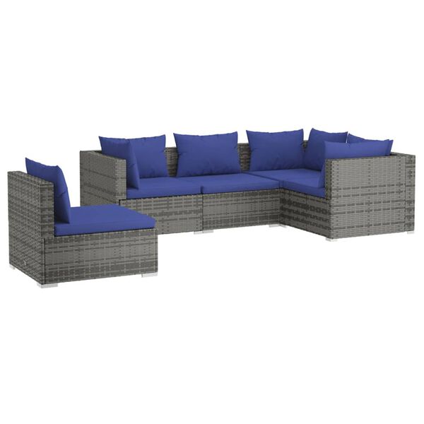 vidaXL Set Divani da Giardino 5 pz con Cuscini in Polyrattan Grigio