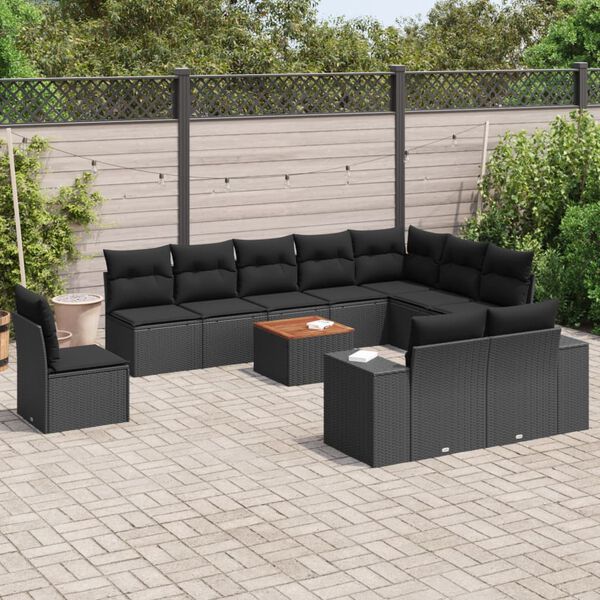 vidaXL Set Divani da Giardino 11 pz con Cuscini in Polyrattan Nero