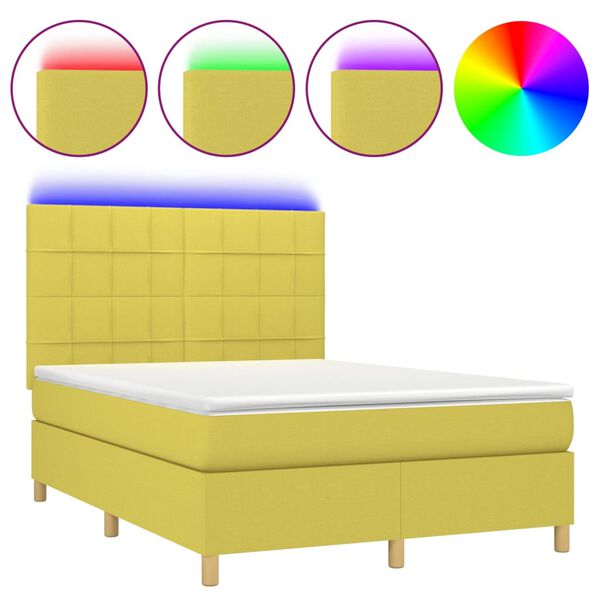 vidaXL Letto a Molle con Materasso e LED Verde 140x190 cm in Tessuto