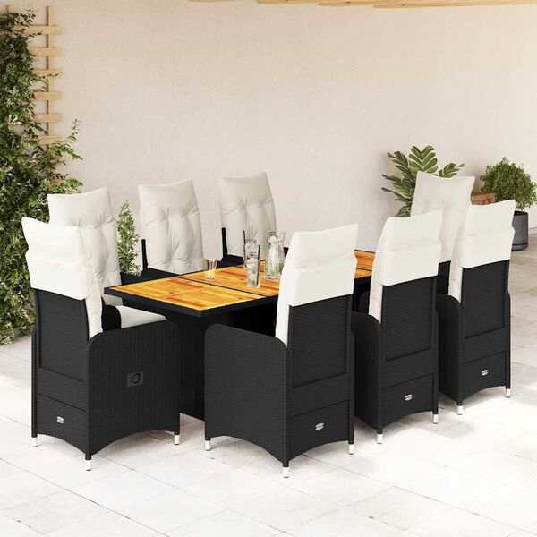 vidaXL Set Bistr&ograve; da Giardino 9 pz con Cuscini in Polyrattan Nero