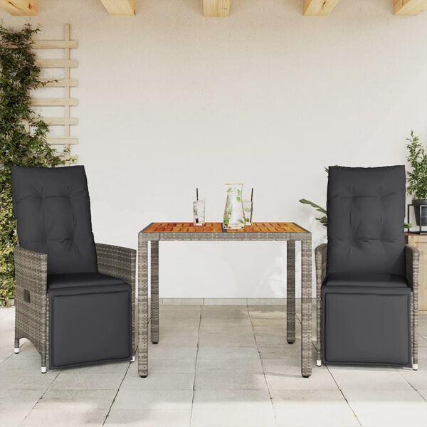vidaXL Set Bistrò da Giardino 3 pz con Cuscini in Polyrattan Grigio