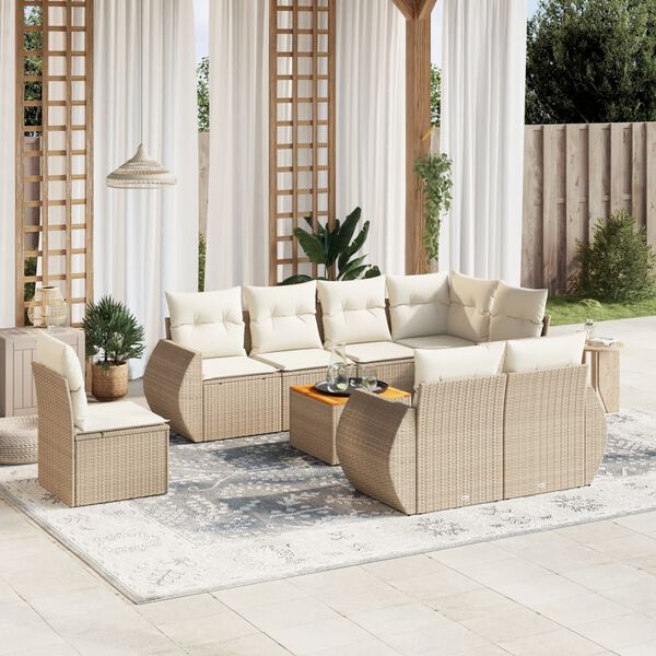 vidaXL Set Divano da Giardino 9 pz con Cuscini Beige in Polyrattan