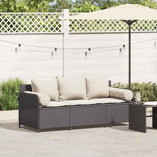 vidaXL Divano da Giardino a 3 Posti con Cuscini Nero in Polyrattan