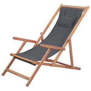 vidaXL Sdraio da Spiaggia Pieghevole Telaio in Legno e Tessuto Grigio