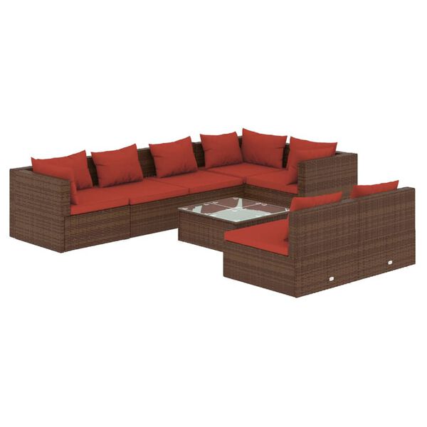 vidaXL Set Divani da Giardino 8 pz con Cuscini in Polyrattan Marrone