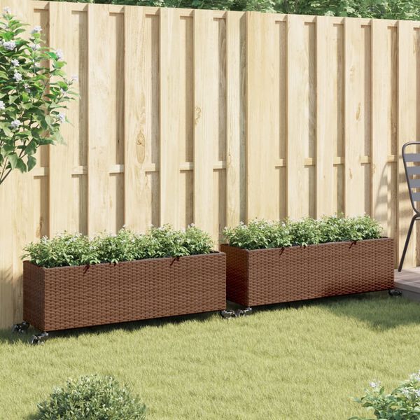 vidaXL Fioriere da Giardino Ruote 2pz Marrone 107x32x38 cm Polyrattan