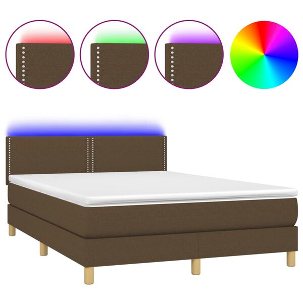 vidaXL Letto a Molle Materasso e LED MarroneScuro 140x190cm in Tessuto
