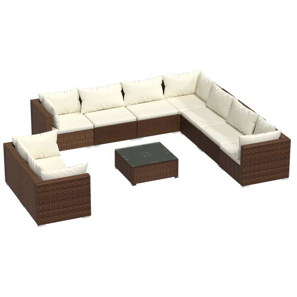 vidaXL Set Divani da Giardino 10 pz con Cuscini in Polyrattan Marrone