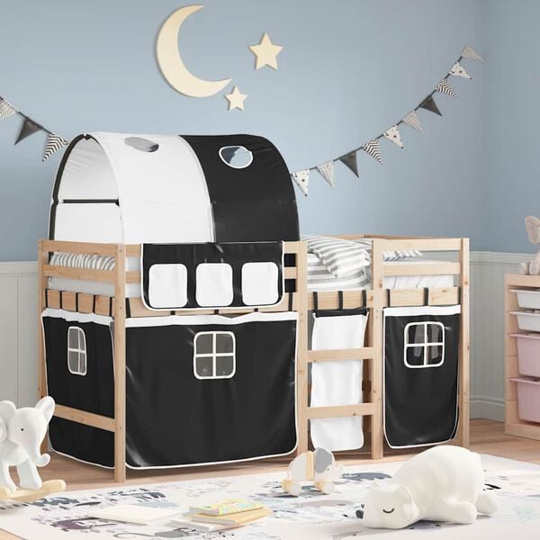 vidaXL Letto a Soppalco con Tunnel Bambini Bianco e Nero 90x200cm Pino