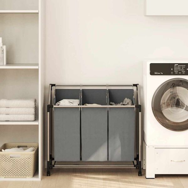 vidaXL Cesto Portabiancheria con Ruote 3 Scomparti Grigio