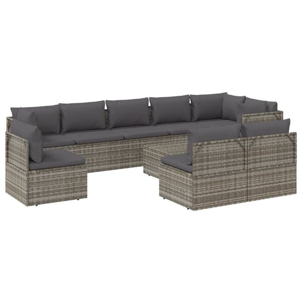 vidaXL Set Divani da Giardino 10 pz con Cuscini in Polyrattan Grigio