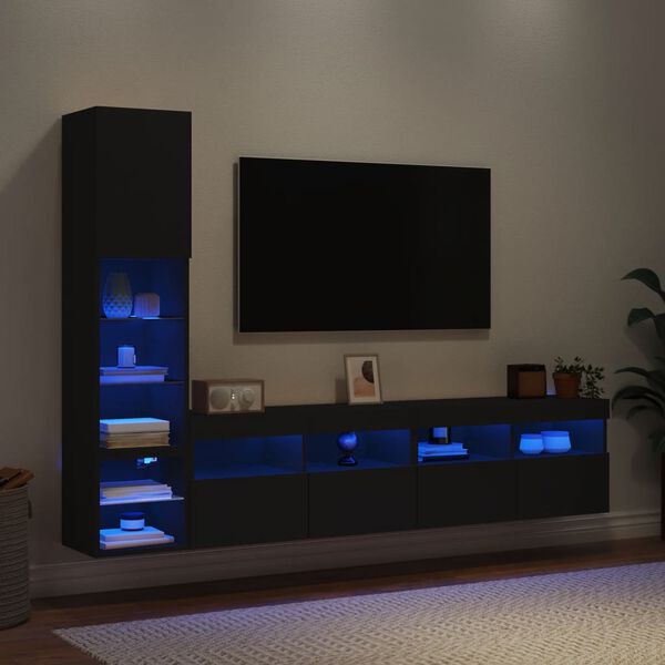 vidaXL Mobili TV a Muro con LED 4pz Neri in Legno Multistrato