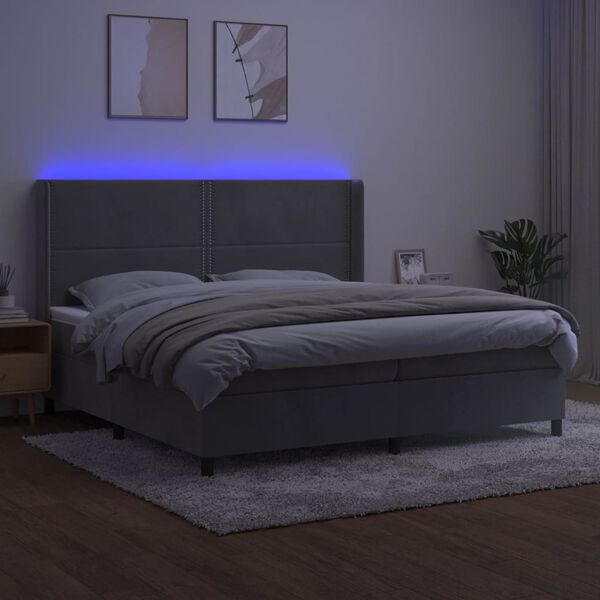 vidaXL Letto a Molle Materasso e LED Grigio Chiaro 200x200 cm Velluto