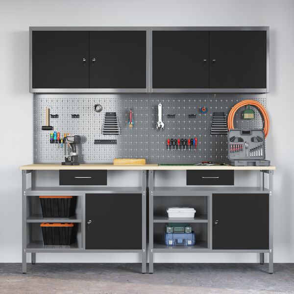 vidaXL Set banco da lavoro con cassetto con blocco 8 pcs Nero e Grigio