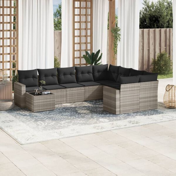 vidaXL Set Divano Giardino 10 pz con Cuscini Grigio Chiaro Polyrattan