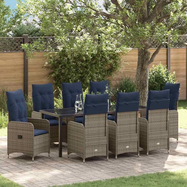 vidaXL Set da Pranzo per Giardino con cuscino 9 pcs Nero Poly Rattan