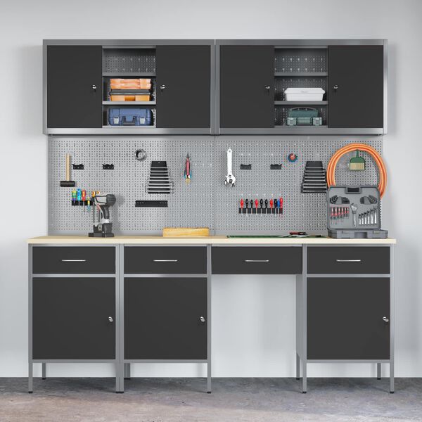 vidaXL Mobile da lavoro 10 pcs Nero Legno ingegnerizzato e acciaio