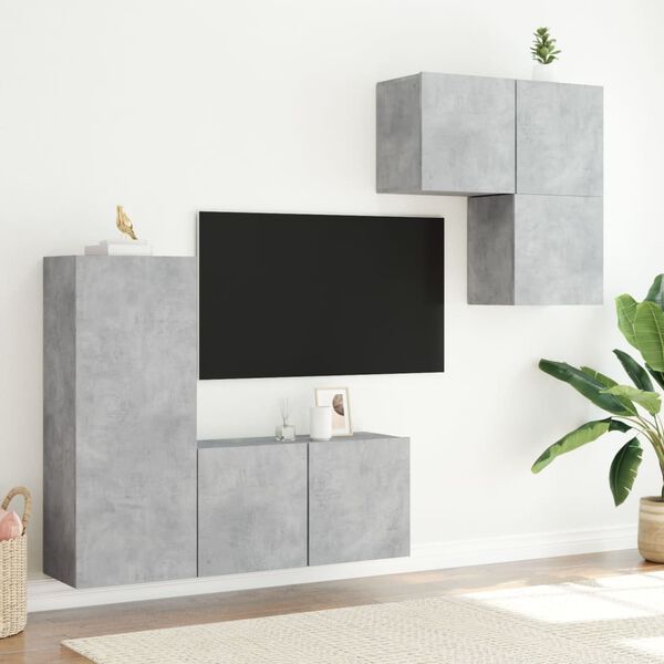 vidaXL Mobili TV a Muro con LED 4pz Grigio Cemento Legno Multistrato