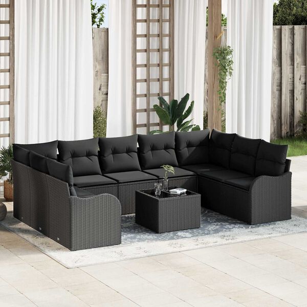 vidaXL Set Divano da Giardino con cuscino 10 pcs Nero Poly Rattan